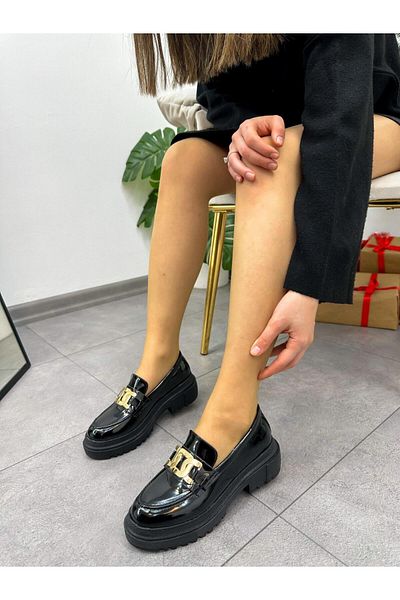 ERVANIN BUTİĞİ Black Patent Leather (Edith) Chain Detail Women's Loafer