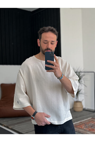 BYBASICMAN Beige Embroidered Poor Sleeve Muslin Fabric T-Shirt G-4535/8