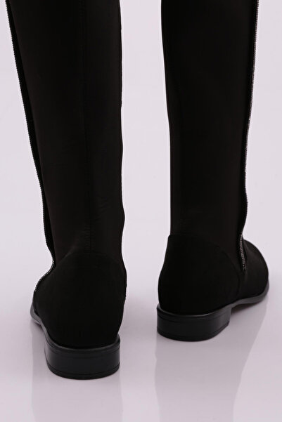 DGN Kadın Arkası Stretch Yan Taşlı Şerit Knee High Flats Çizme Siyah Süet 6192668