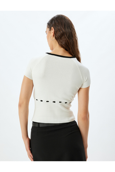 Koton Square Neck Slim Fit Crop Sweater - Short Sleeve and Bow Detail
