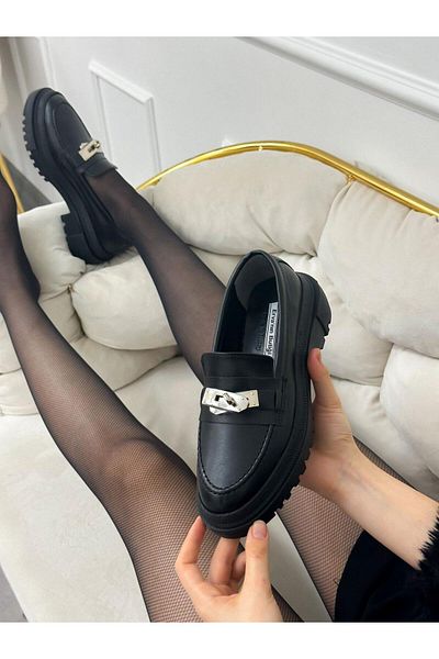 ERVANIN BUTİĞİ Black Leather (Chain) Buckle Detail Women's Loafer