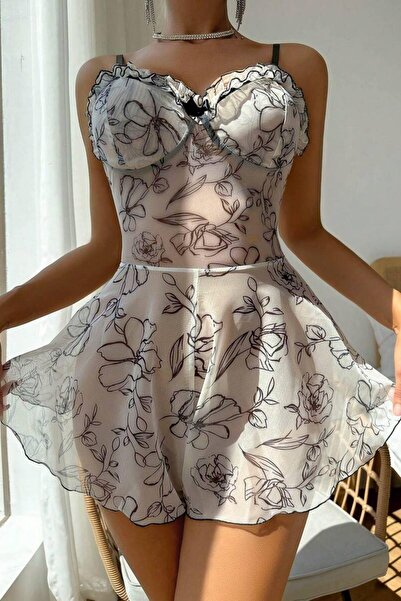 SİA LESS Women's Sexy White Patterned Jumpsuit Nightgown 15702 Plus Size Fancy Nightgown