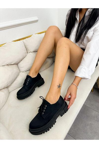 ERVANIN BUTİĞİ Black Suede (College) Women's Lace-up Loafer