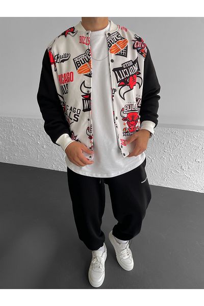 BYBASICMAN White Bulls Printed College Jacket JJ-329