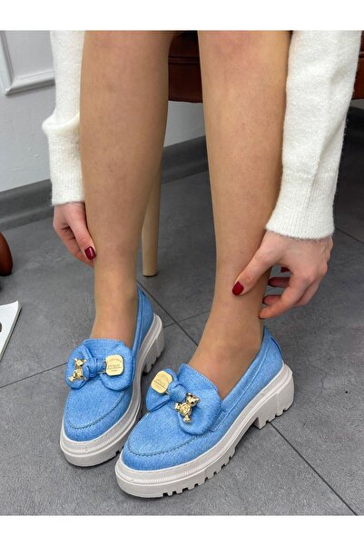 ERVANIN BUTİĞİ Açık Kot Mavi (Stormie) Ayıcık Detay Kadın Loafer