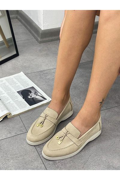 ERVANIN BUTİĞİ Beige Suede - Tasseled Women's Loafer (Liona)