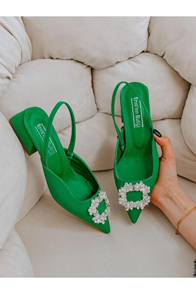 ERVANIN BUTİĞİ Yeşil Saten (Sasha) Taş Detay Kadın Babet
