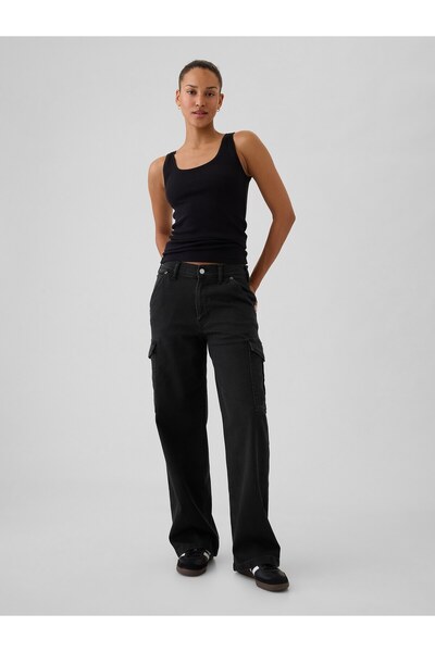GAP Kadın Siyah Mid Rise '90s Loose Kargo Jean Pantolon