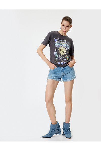 Koton Cotton Oversize T-Shirt - Slogan Print, Crew Neck, Short Sleeve