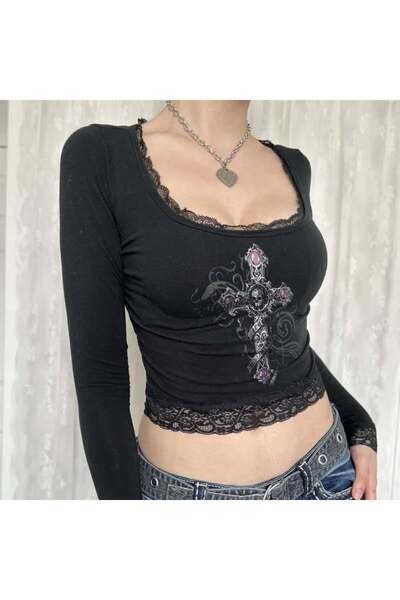 Toum Dorukhediyelik Skull in Cross Printed Lace Lace Black Long Sleeve Blouse