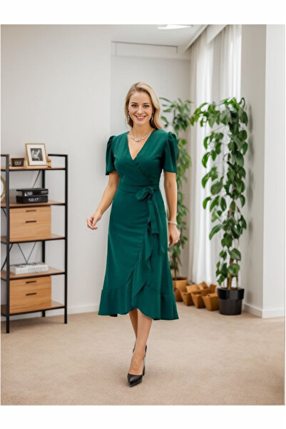 Genel Markalar EKŞİOĞLU GLOBAL Kadın Kruvaze Yaka Midi Boy Kuşaklı Krep Elbise 120 Cm