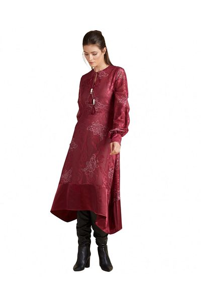 SERPİL Burgundy Floral Embroidered Asymmetrical Jacquard Skirt Dress - 32404