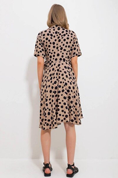 Mossta Polka Dot Mink Bell Dress - Front Button and Belted