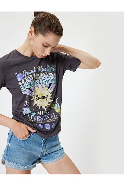 Koton Cotton Oversize T-Shirt - Slogan Print, Crew Neck, Short Sleeve