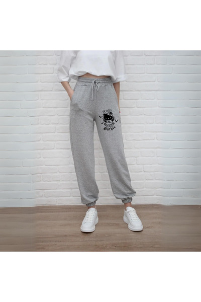 Toum STREETBEAT WEAR Pantaloni de sport unisex gri cu imprimeu Hello Gothic