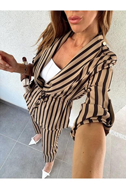 Maldia Shop Women's Striped Waist Lace-Up Brown Bottom Top Set