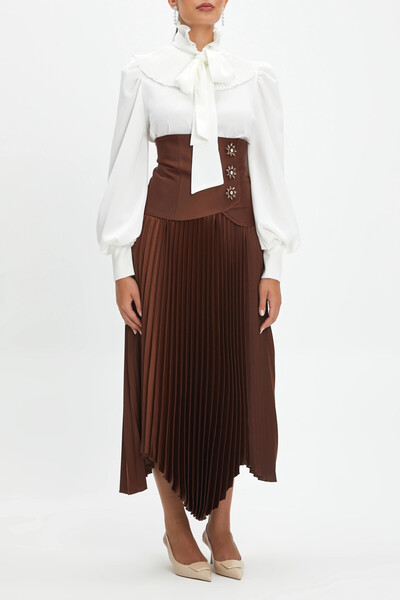 SERPİL Asimetrik Kesim Piliseli Belden Korse Görünümlü Taş Detaylı Kahve Etek...