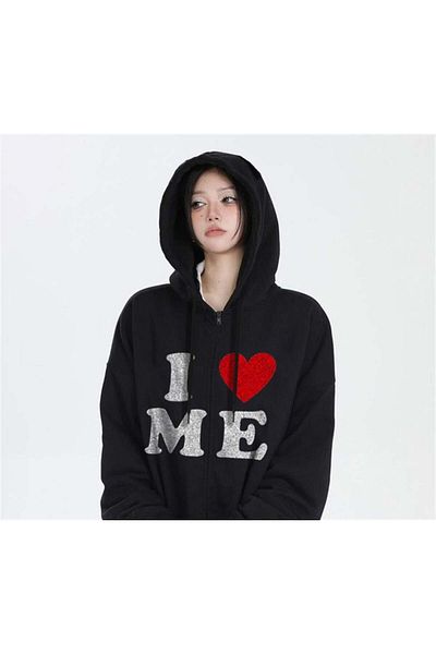 Touz Moda I Love Me Printed Oversize Μαύρη ζακέτα με κουκούλα Unisex με φερμουάρ