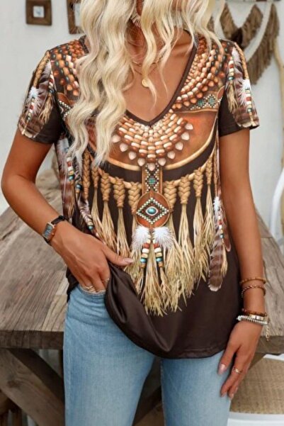 Mossta Καφέ μπλούζα με κοντό μανίκι με λαιμόκοψη σε σχήμα V