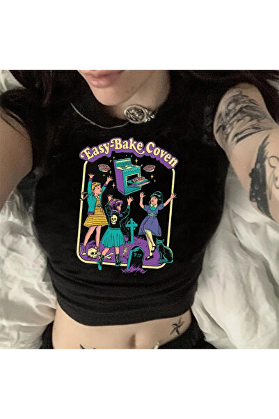 Toum MODESSY قميص قصير أسود مطبوع على الطراز القوطي سهل الخبز