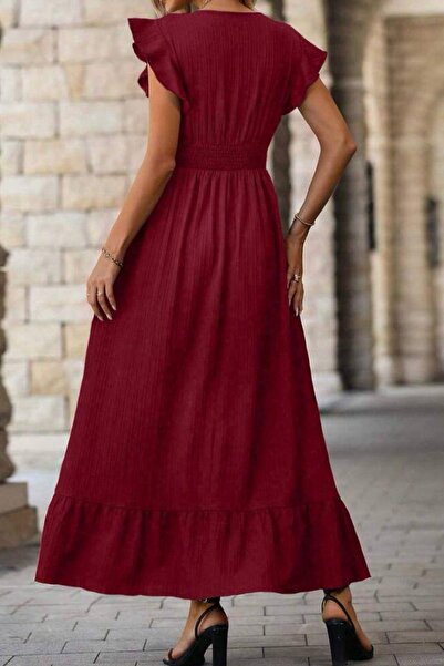 Mossta Burgundy Wrapped Double Breasted Collar Dress
