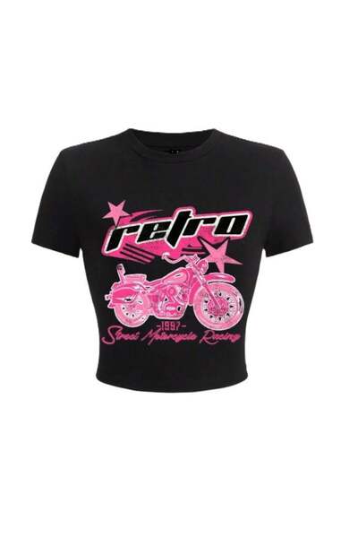 DESTİNE Loots Y2k Letter & Motorcycle Printed Μαύρο Crop
