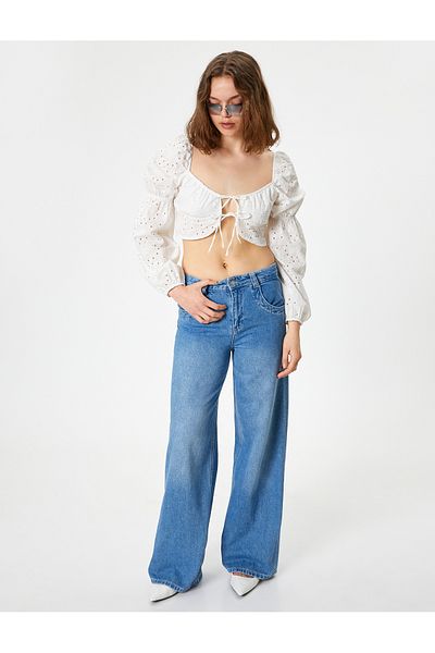 Koton Scallop Slim Fit Crop Μπλούζα - Γιακά Καρδιά με Μπαλόνι Μανίκι και Λεπτομέρεια Γραβάτα