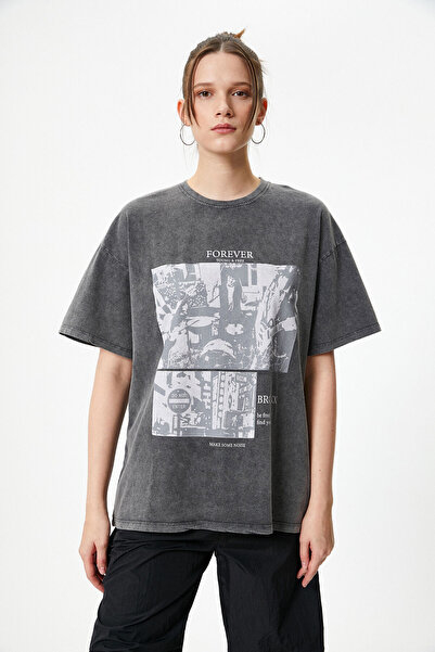 Koton Μπλουζάκι με στάμπα Pale Effect Κοντό μανίκι με λαιμόκοψη από βαμβάκι