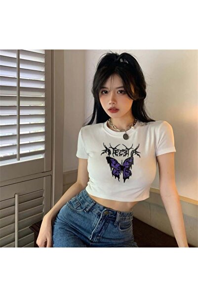 Toum Modessy Gothic Purple Butterfly Printed White Crop
