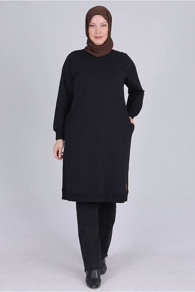 Moda Rosa 25K2049 - Black Large Size Hijab Tunic, Two Thread Basic Model