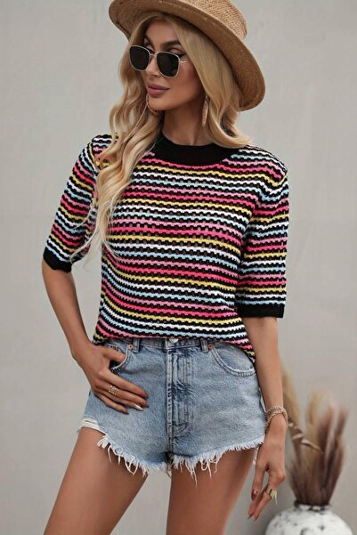 Mossta Μαύρη πλεκτή μπλούζα - κοντό μανίκι, χρώμα ριγέ , λαιμόκοψη