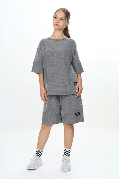 HayKids Girl's Grey-Black Stripe Patterned Crew Neck Short Sleeve Shorts Suit