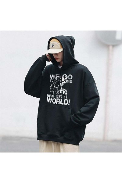 Touz Moda Φούτερ One Piece We Go με στάμπα μαύρο Unisex Oversize με κουκούλα
