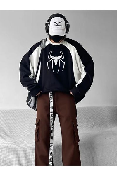 Touz Moda Унисекс суитшърт с овъглено деколте Y2K Streetwear с щампа на паяк в черен цвят