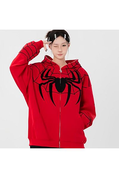 DESTİNE Loots Y2K Streetwear Spider Web Oversize Zippered Red Unisex Hooded Cardigan