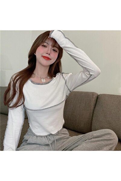 Toum Modessy Y2K Streetwear Reverse Stitch Detail Long Sleeve White Crop