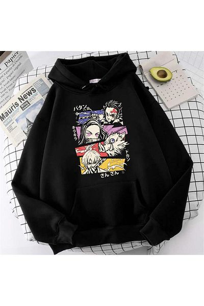 Touz Moda Demon Slayer Squad με στάμπα μαύρο μπλουζάκι Unisex Oversize με κουκούλα