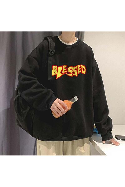 Touz Moda Φούτερ Blessed Printed Μαύρο Unisex Oversize Crew Neck