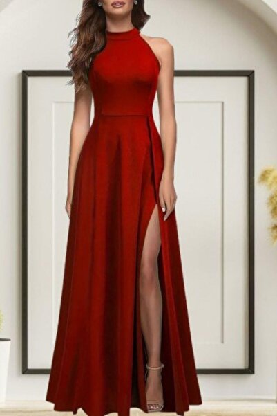 Mossta Red Crepe Dress - Halter Neck and Deep Slit