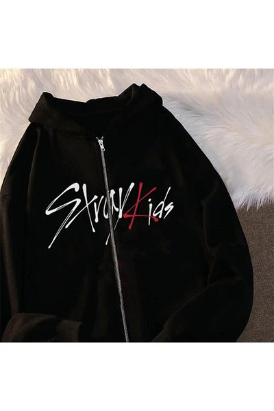 Touz Moda Stray Kids Printed Oversize Ζακέτα με φερμουάρ Μαύρη Unisex με κουκούλα