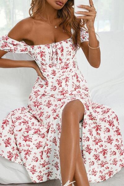 Mossta Red Single Jersey Dress - Square Collar, Front Gather and Slit Detail