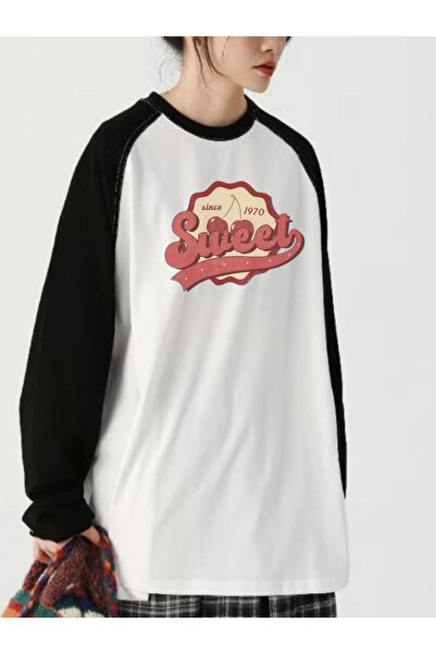 Toum Enya Jewelry Slatki Raglan Dugi Rukav Štampano Beli T-shirt