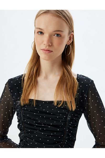 Koton Polka DoT Tulle T-shirt wiTh Bow DeTail - Long Sleeve, Square Collar and Draped