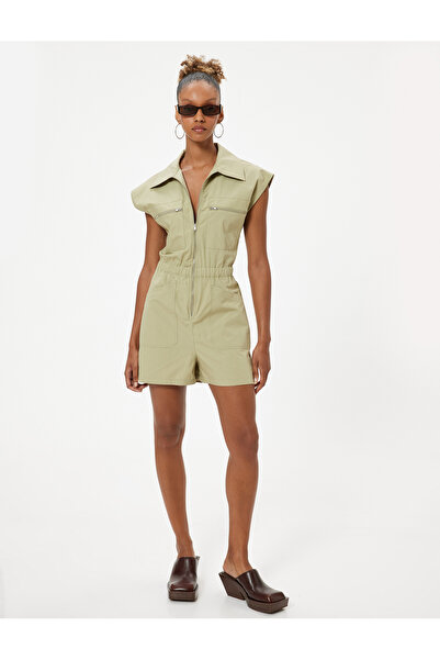 Koton Shirt Collar Mini Shorts Jumpsuit - Zippered and Pocket Detailed