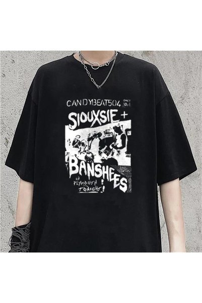 weywot Y2K Siouxsie Banshees Patterned - Unisex Black Oversize T-Shirt