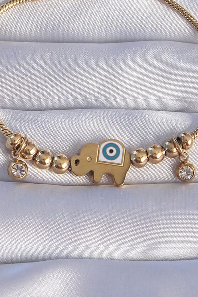 Mu Art Ahşap 316L Steel Gold Color Zircon Stone Evil Eye Elephant Design Bracelet