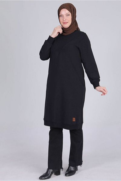 Moda Rosa 25K2049 - Black Large Size Hijab Tunic, Two Thread Basic Model