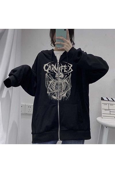 Touz Moda Carnifex Printed Oversize Ζακέτα με φερμουάρ Μαύρη Unisex με κουκούλα