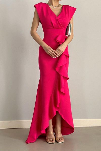 Mossta Fuchsia Fishnet Evening Dress - Flounced and Slit