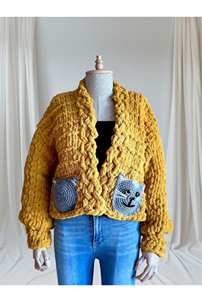 Zuviel Deco Handmade El yapımı örgü kedi cep detaylı puffy chunky hırka